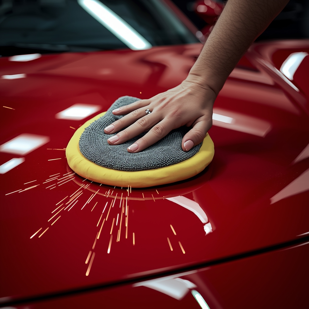 Close up detailed shot of a mechanic hand polishing a red ceramic luxury sports car hood, sparks of light reflecting, high detail, professional photography --no woman